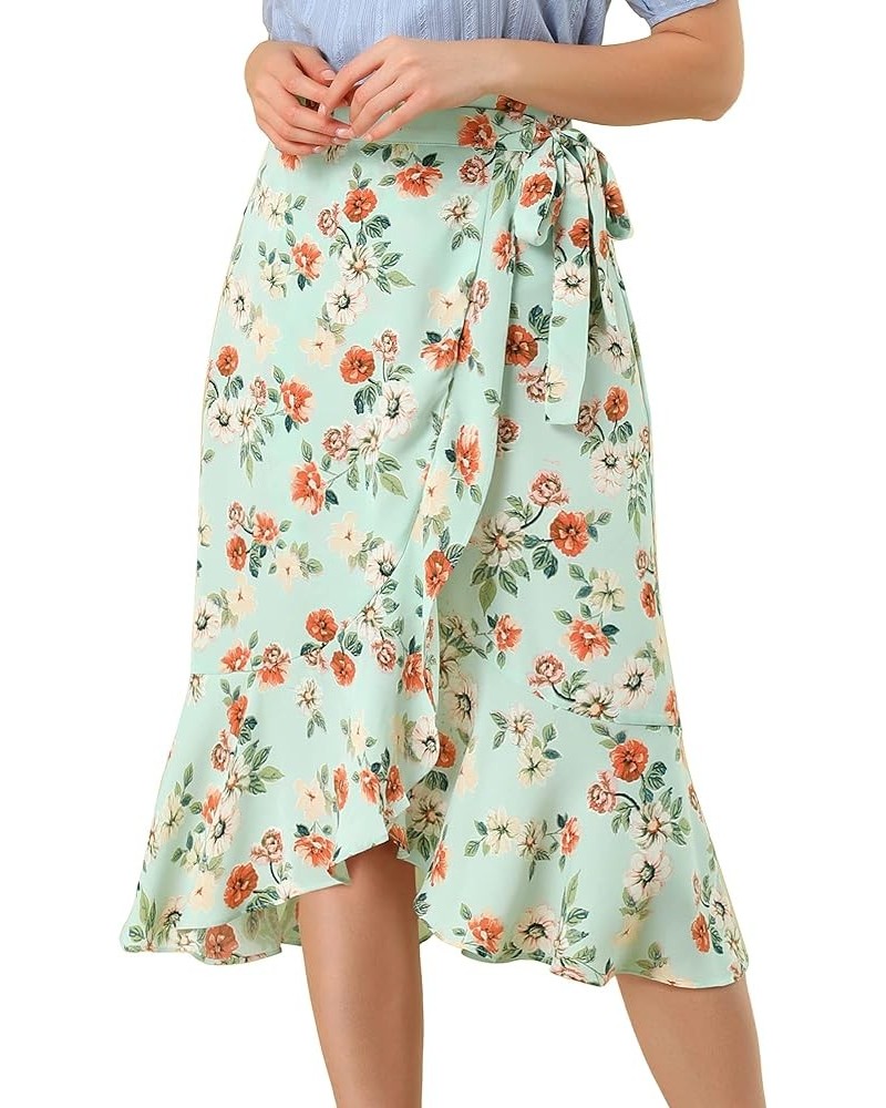 Women's Ruffle Wrap Skirt Tie Knot High-Low Split Midi Floral Skirts Blue Green $17.39 Skirts