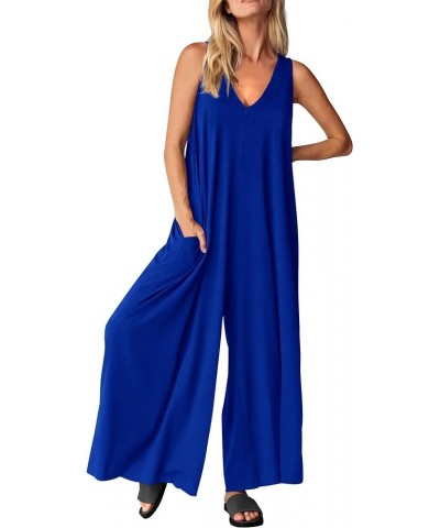 Jumpsuits for Women Casual Summer 2024 Sleeveless V Neck Baggy Wide Leg Romper One Piece Outfit Brilliant Blue $19.94 Jumpsuits