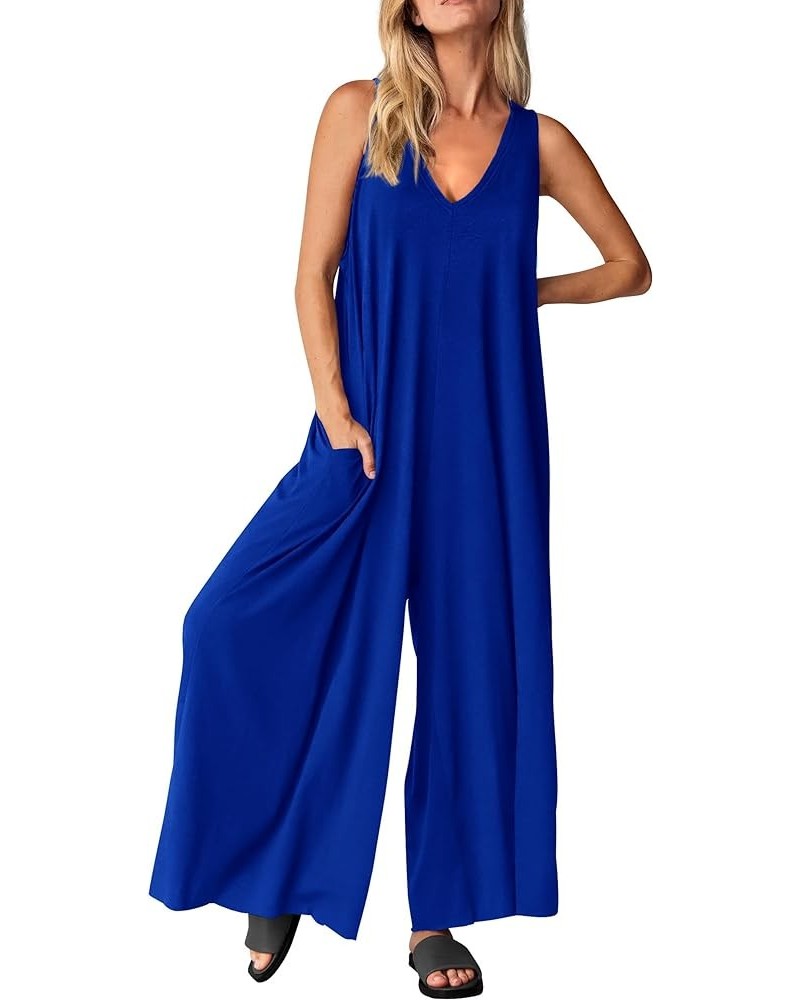 Jumpsuits for Women Casual Summer 2024 Sleeveless V Neck Baggy Wide Leg Romper One Piece Outfit Brilliant Blue $19.94 Jumpsuits