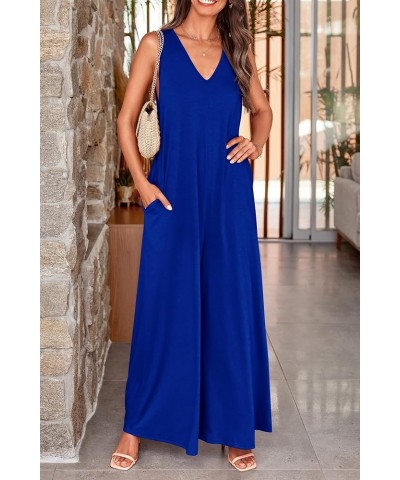 Jumpsuits for Women Casual Summer 2024 Sleeveless V Neck Baggy Wide Leg Romper One Piece Outfit Brilliant Blue $19.94 Jumpsuits