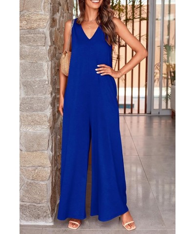 Jumpsuits for Women Casual Summer 2024 Sleeveless V Neck Baggy Wide Leg Romper One Piece Outfit Brilliant Blue $19.94 Jumpsuits