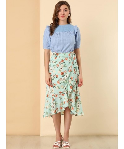 Women's Ruffle Wrap Skirt Tie Knot High-Low Split Midi Floral Skirts Blue Green $17.39 Skirts