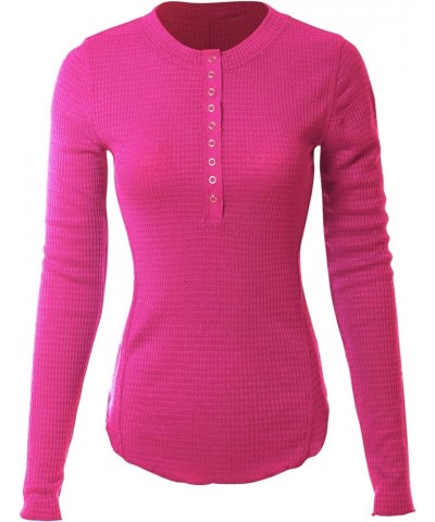 Women's Long Sleeve Eight Button Closure Henley Thermal Knit Top C Fuchsia $11.28 Tops