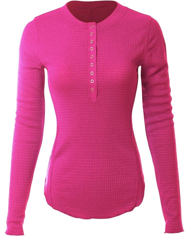 Women's Long Sleeve Eight Button Closure Henley Thermal Knit Top C Fuchsia $11.28 Tops