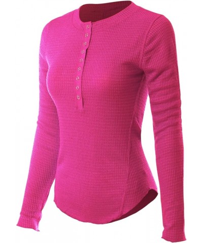 Women's Long Sleeve Eight Button Closure Henley Thermal Knit Top C Fuchsia $11.28 Tops