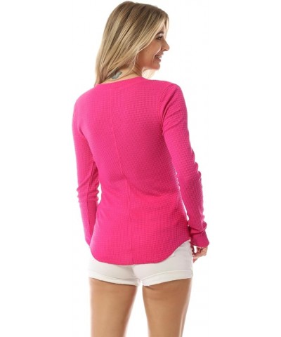 Women's Long Sleeve Eight Button Closure Henley Thermal Knit Top C Fuchsia $11.28 Tops