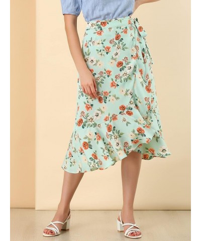 Women's Ruffle Wrap Skirt Tie Knot High-Low Split Midi Floral Skirts Blue Green $17.39 Skirts