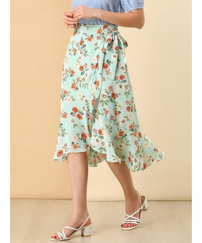 Women's Ruffle Wrap Skirt Tie Knot High-Low Split Midi Floral Skirts Blue Green $17.39 Skirts