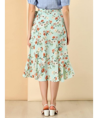 Women's Ruffle Wrap Skirt Tie Knot High-Low Split Midi Floral Skirts Blue Green $17.39 Skirts