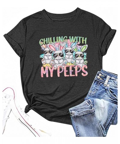 Happy Easter Shirt Women Bunny Shirts : Chillin with My Peeps Tshirt Cute Rabbit Graphic T-Shirt Easter Gift Tee Tops Grey $1...