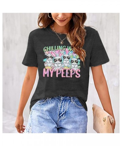 Happy Easter Shirt Women Bunny Shirts : Chillin with My Peeps Tshirt Cute Rabbit Graphic T-Shirt Easter Gift Tee Tops Grey $1...