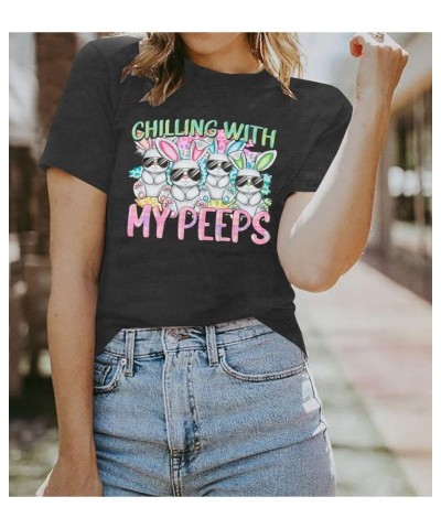 Happy Easter Shirt Women Bunny Shirts : Chillin with My Peeps Tshirt Cute Rabbit Graphic T-Shirt Easter Gift Tee Tops Grey $1...