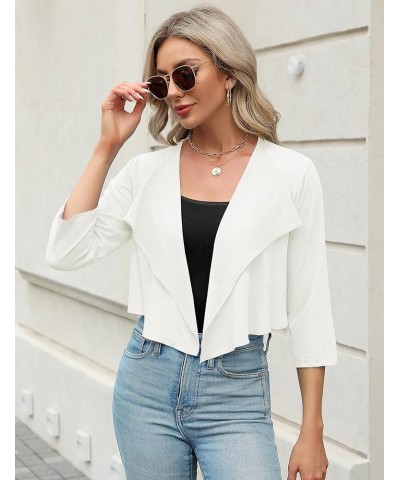 Womens 3/4 Sleeve Shrug Lightweight Knitted Ruffled Cropped Thin Cardigan Summer Short Cover Up Blouse White $9.35 Sweaters