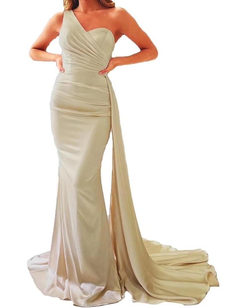 One Shoulder Prom Dresses for Women Long Mermaid Satin Bridesmaid Dresses Formal Evening Gowns with Train Champagne $27.29 Dr...