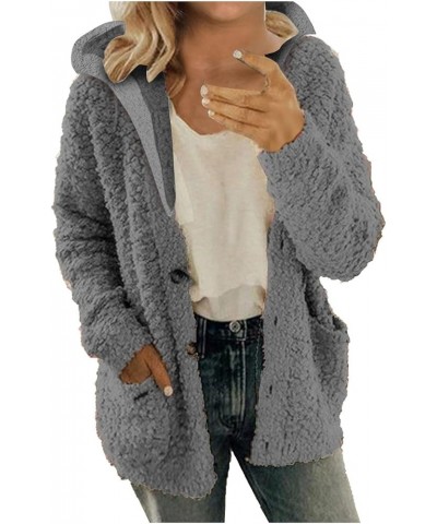 Womens Sherpa Hoodie Long Sleeve Teddy Bear Jacket Button Fluffy Pullover Fleece Faux Fur Cardigan Coats for Ladies Grey $7.1...