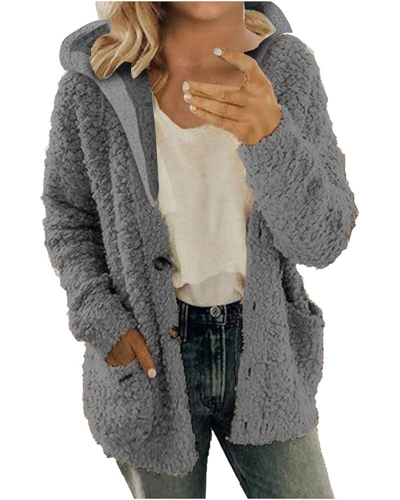 Womens Sherpa Hoodie Long Sleeve Teddy Bear Jacket Button Fluffy Pullover Fleece Faux Fur Cardigan Coats for Ladies Grey $7.1...