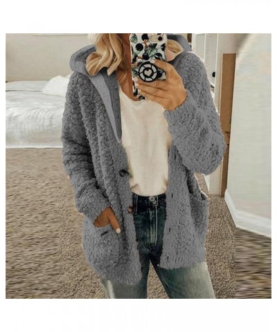 Womens Sherpa Hoodie Long Sleeve Teddy Bear Jacket Button Fluffy Pullover Fleece Faux Fur Cardigan Coats for Ladies Grey $7.1...