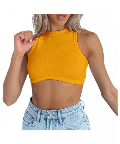 Sexy Sleeveless Crewneck Ribbed Knitted Tank Crop Tops for Women Yellow $11.39 Tops