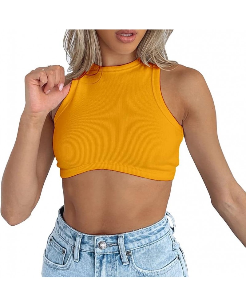 Sexy Sleeveless Crewneck Ribbed Knitted Tank Crop Tops for Women Yellow $11.39 Tops