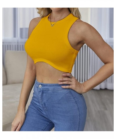 Sexy Sleeveless Crewneck Ribbed Knitted Tank Crop Tops for Women Yellow $11.39 Tops