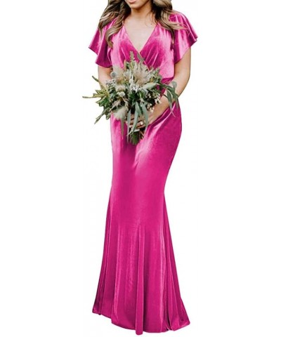 Women's Flutter Sleeve Velvet Bridesmaids Dresses V Neck Long Formal Dresses for Wedding Evening Gown Fuchsia $37.50 Dresses