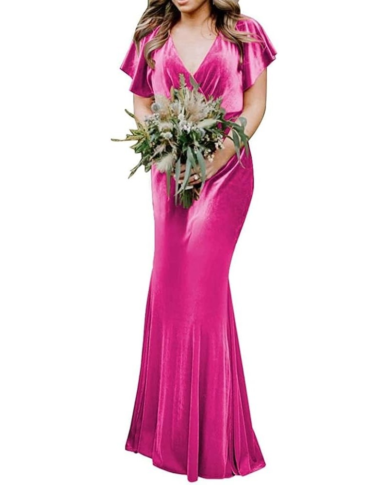 Women's Flutter Sleeve Velvet Bridesmaids Dresses V Neck Long Formal Dresses for Wedding Evening Gown Fuchsia $37.50 Dresses