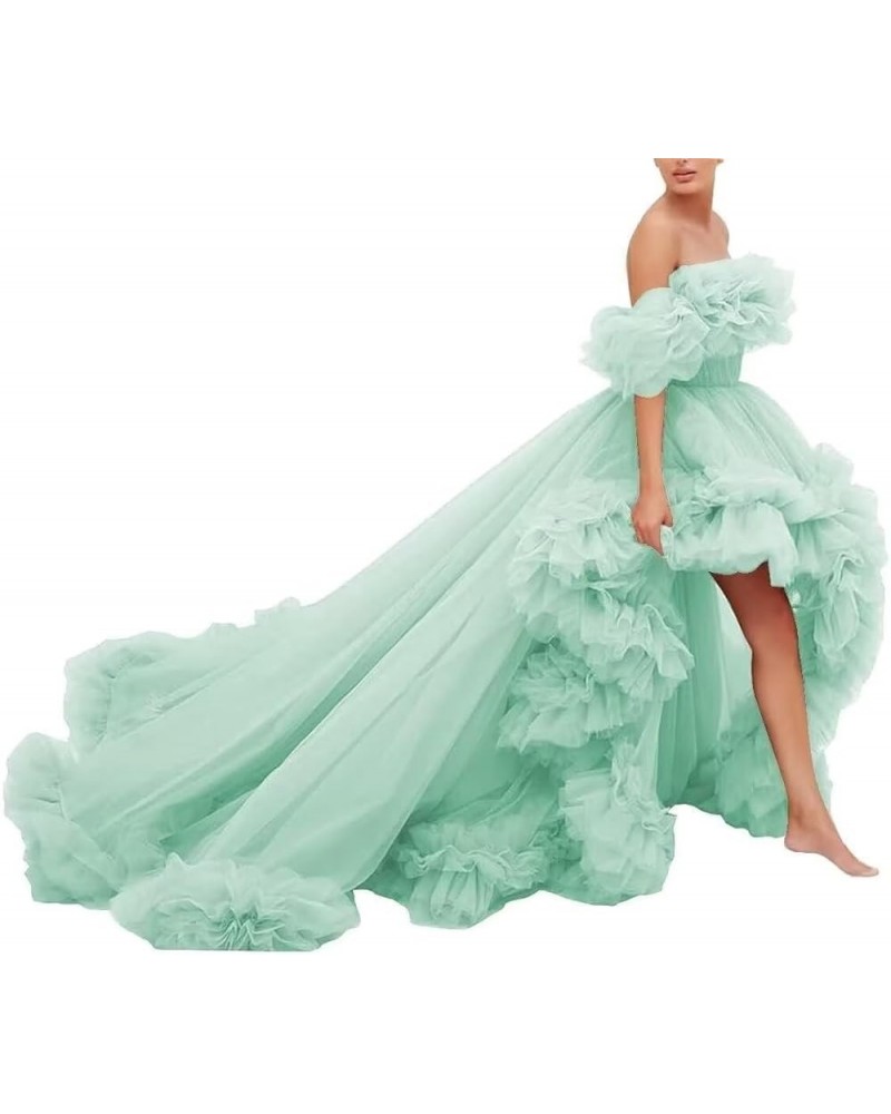 Off Shoulder Maternity Photoshoot Prom Gown Puffy Ruffles Tulle High Low Formal Evening Dresses Mint $52.24 Dresses