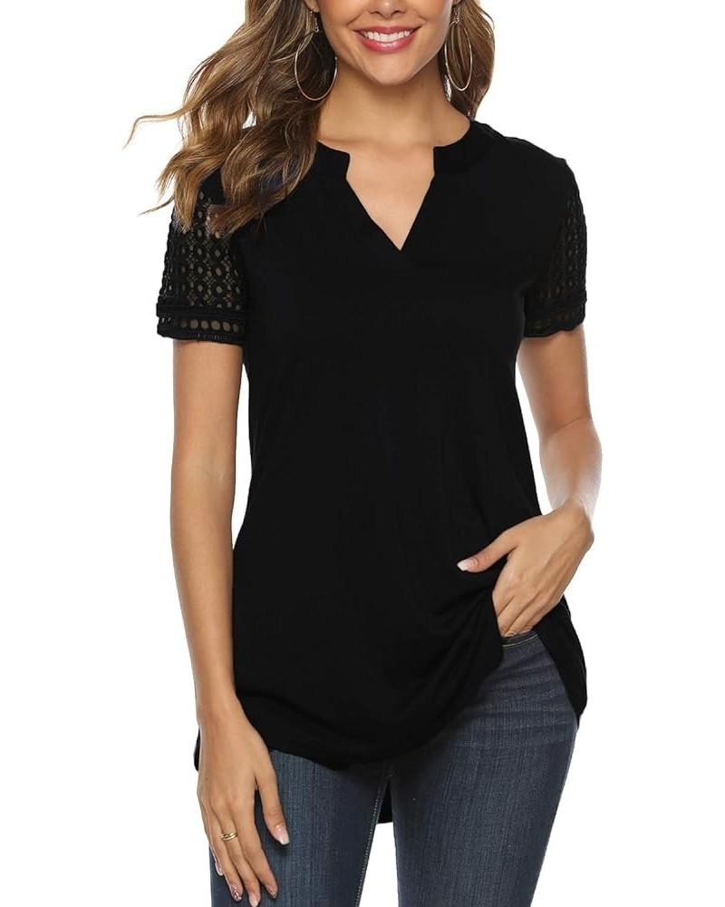 Womens Tunic Tops, Women Casual Short Sleeve V Neck High Low Blouse Shirt Tops Black With Short Sleeve Lace $7.53 Tops