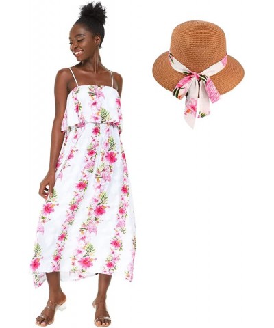 Women's Hawaiian Maxi Ruffle Luau Dress Hibiscus Floral Sunset Red + Hat $24.30 Dresses