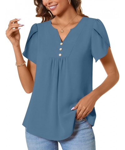 Womens Fashion Short Sleeve Tops Dressy Petal Sleeve Button T-Shirts Casual Chiffon Tunic Blouse Blue $12.99 Blouses