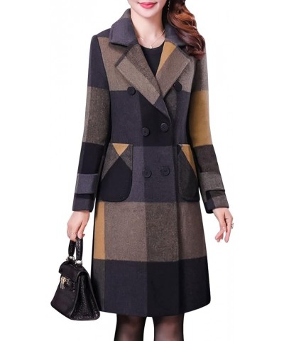 Women's Double Breasted Plaid Houndstooth Pea Coat Wool Blend Mid Long Overcoat Outwear C-yellow $36.42 Jackets