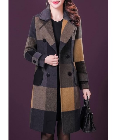 Women's Double Breasted Plaid Houndstooth Pea Coat Wool Blend Mid Long Overcoat Outwear C-yellow $36.42 Jackets