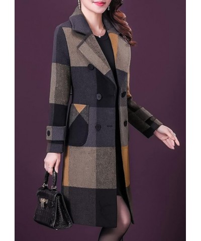 Women's Double Breasted Plaid Houndstooth Pea Coat Wool Blend Mid Long Overcoat Outwear C-yellow $36.42 Jackets