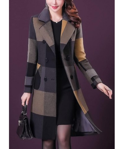 Women's Double Breasted Plaid Houndstooth Pea Coat Wool Blend Mid Long Overcoat Outwear C-yellow $36.42 Jackets