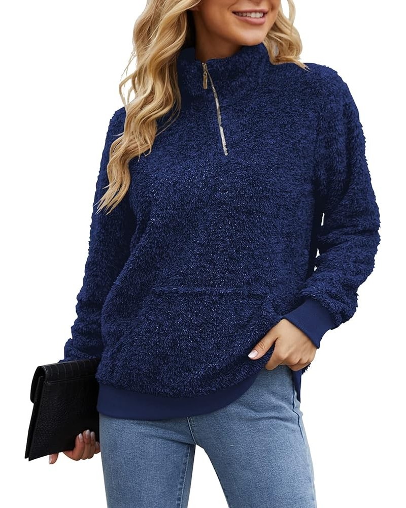 Women's Long Sleeves Quilt Coat Turtleneck Oblique Button Neck Fleece Pullover Coat Sweatshirts Outwear with Pocket 02navy Bl...