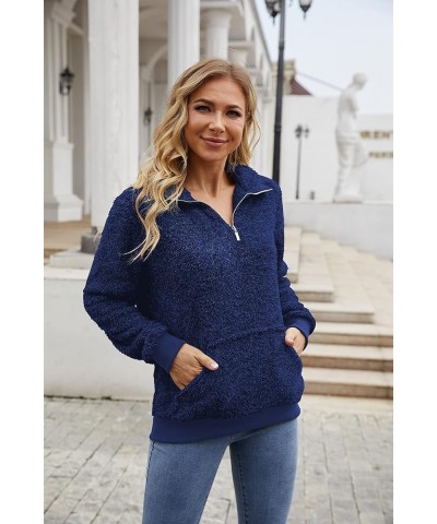 Women's Long Sleeves Quilt Coat Turtleneck Oblique Button Neck Fleece Pullover Coat Sweatshirts Outwear with Pocket 02navy Bl...