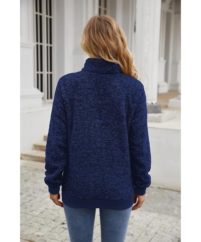 Women's Long Sleeves Quilt Coat Turtleneck Oblique Button Neck Fleece Pullover Coat Sweatshirts Outwear with Pocket 02navy Bl...