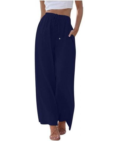 Women's Linen Summer Palazzo Pants Flowy Wide Leg Beach Pants for Women Dressy with Pockets 5-dark Blue $5.99 Others