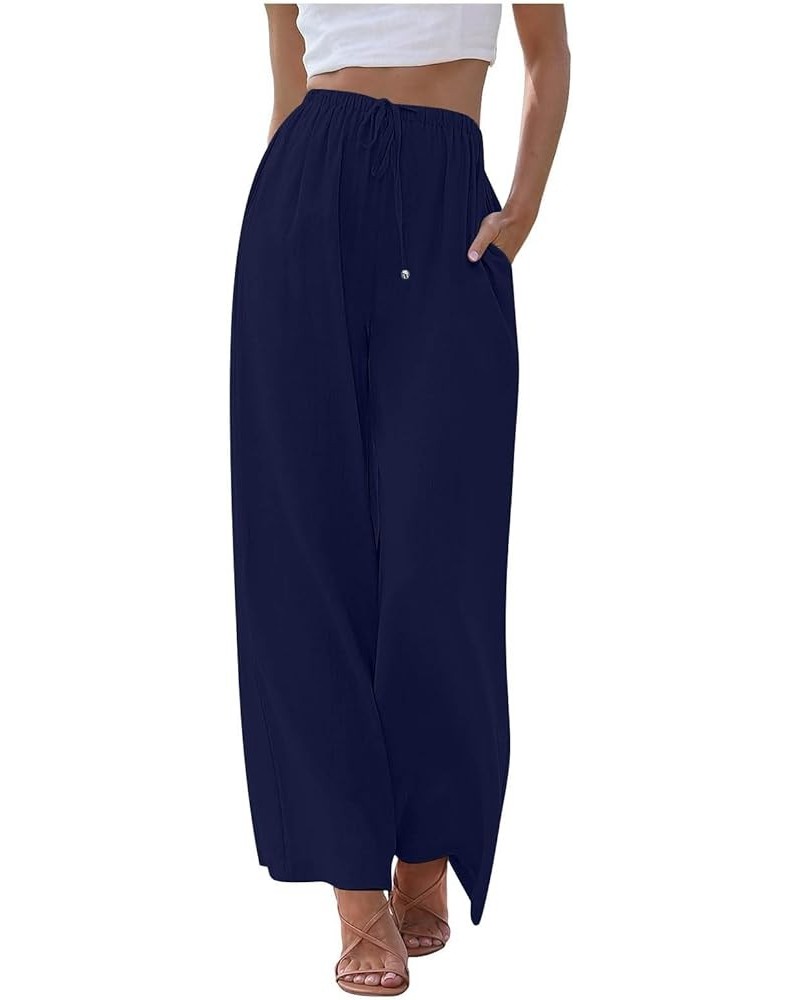 Women's Linen Summer Palazzo Pants Flowy Wide Leg Beach Pants for Women Dressy with Pockets 5-dark Blue $5.99 Others