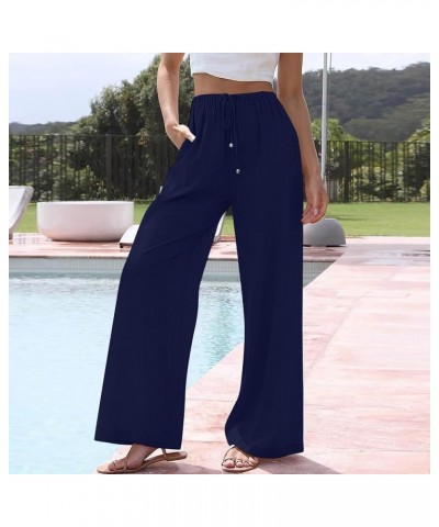 Women's Linen Summer Palazzo Pants Flowy Wide Leg Beach Pants for Women Dressy with Pockets 5-dark Blue $5.99 Others