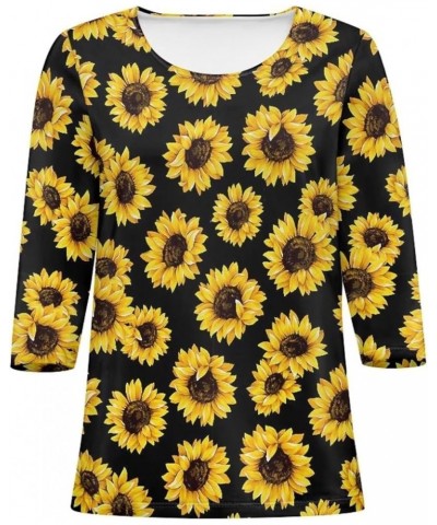 Womens Fall Blouses Tops 3/4 Sleeve Business Casual Work Shirts Crew Neck Dressy Tunic Tops Black Yellow Sunflower $13.91 Tops