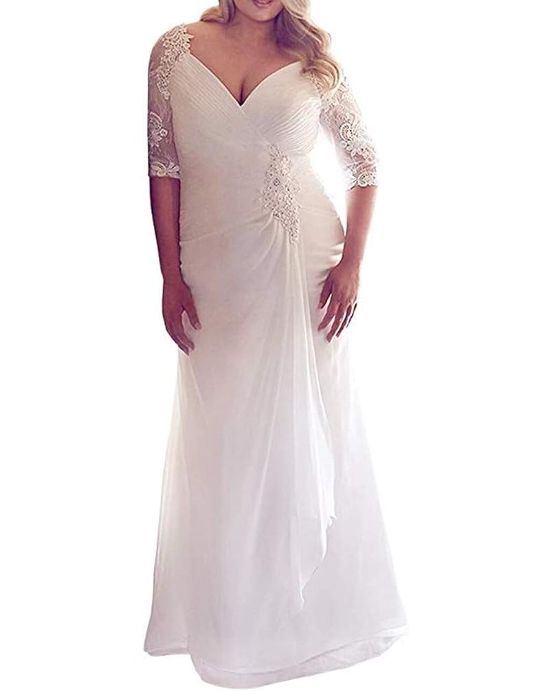 Plus Size Beach Wedding Dress for Bride Jewel Lace Ruched 3/4 Sleeves Royal Chiffon Bridal Gowns White $60.00 Dresses