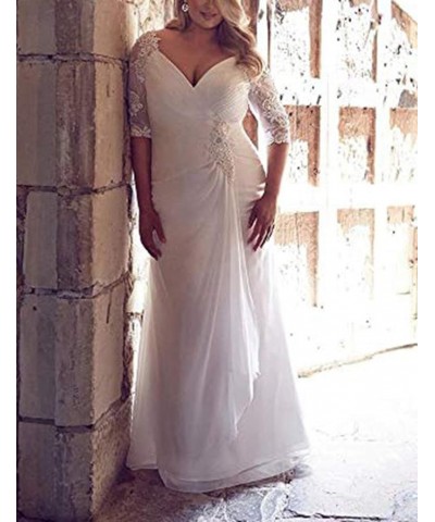 Plus Size Beach Wedding Dress for Bride Jewel Lace Ruched 3/4 Sleeves Royal Chiffon Bridal Gowns White $60.00 Dresses