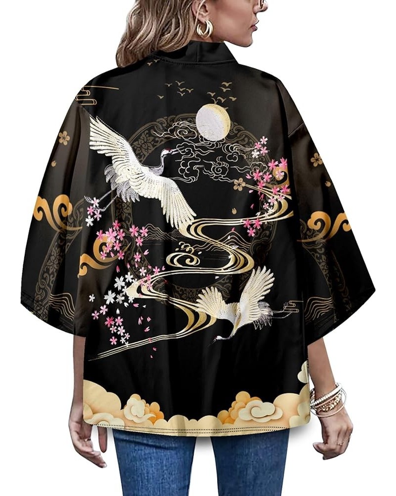 Women's 3/4 Sleeve Floral Print Loose fit Floral Print Shawl Kimono Cover up 24486 Black $10.24 Sweaters