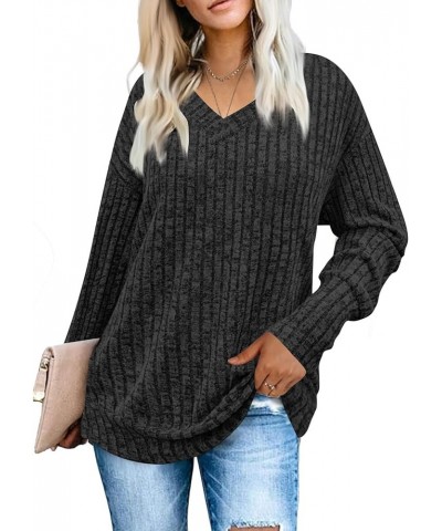 Womens Fall Sweaters Going Out Tops Long Sleeve V Neck Shirts Ribbed Knit Solid Color Tunic Sweatshirts Cute Blouses Black-s1...