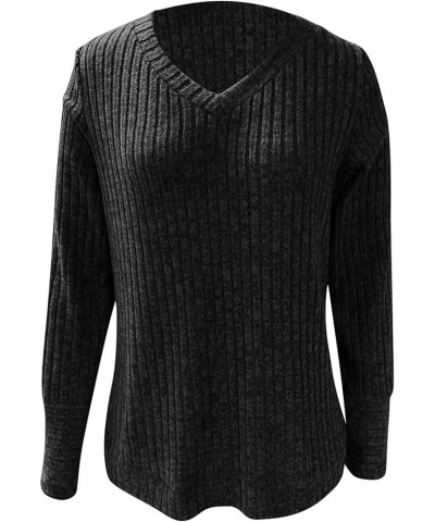 Womens Fall Sweaters Going Out Tops Long Sleeve V Neck Shirts Ribbed Knit Solid Color Tunic Sweatshirts Cute Blouses Black-s1...