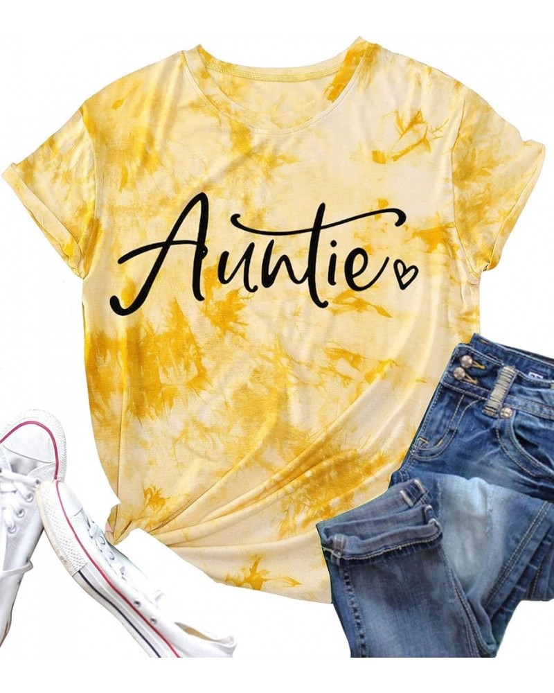 Auntie T Shirts Women Cute Aunt Gift Tee Shirts Funny Graphic Casual Short Sleeve Tee Top Tie Dye Yellow $9.63 T-Shirts