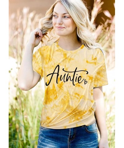 Auntie T Shirts Women Cute Aunt Gift Tee Shirts Funny Graphic Casual Short Sleeve Tee Top Tie Dye Yellow $9.63 T-Shirts