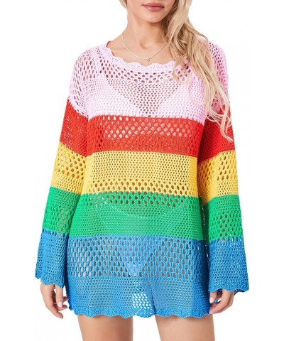 Women Crochet Knit Mini Dress Long Sleeve Colorful Mesh Cover Ups Casual Sweater Dress 2022 Summer Beach Wear C2- Colorful $1...