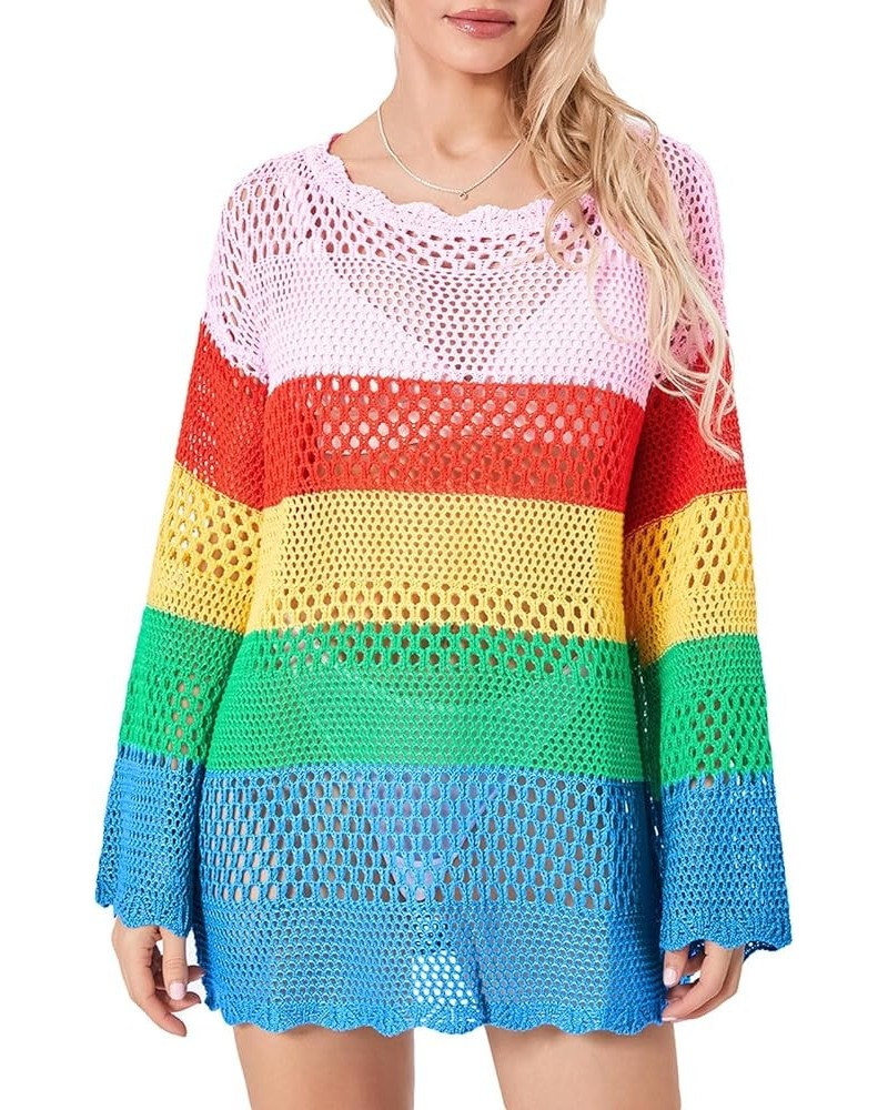 Women Crochet Knit Mini Dress Long Sleeve Colorful Mesh Cover Ups Casual Sweater Dress 2022 Summer Beach Wear C2- Colorful $1...